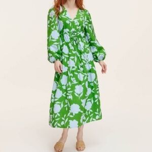 Elegant Green and Blue Floral Long Sleeve Dress